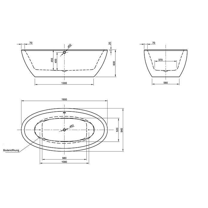 Ottofond Freistehende Badewanne Jade190 x 94 cm, Sanitäracryl, Weiß Unknown