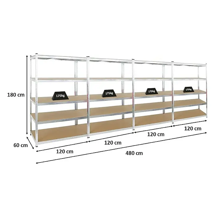 Proregal Schwerlastregal Mega Deal Ragnar - H x B x T: 180 x 120 x 60 cm, Traglast pro Boden: 175 kg, Anzahl Böden: 5 Stk., Stecken, Verzinkt - Regalsystem mit vier Einheiten, ideal für Lagerung. Die Regale sind belastbar und bieten viel Stauraum.
