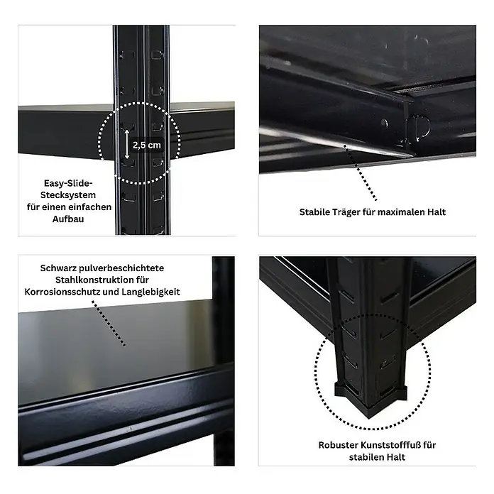 Proregal Metallregal Mega Deal Ragnar - Traglast pro Boden: 125 kg, Anzahl Böden: 5 Stk., Stecken, Schwarz - Detailansichten des schwarzen Schwerlastregals, die das einfache Stecksystem, die stabilen Träger, die Stahlkonstruktion und die Kunststofffüße zeigen.