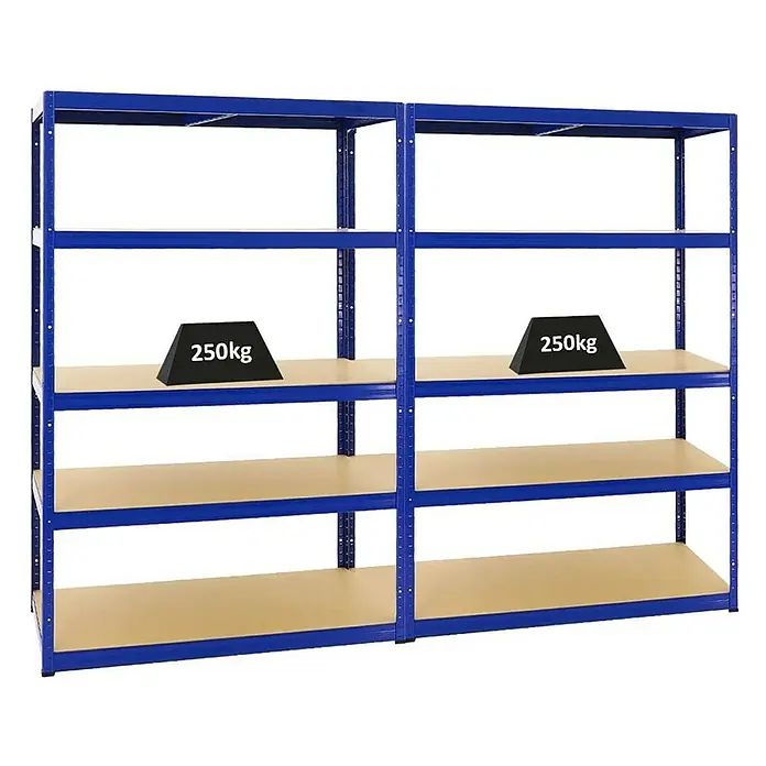 Proregal Schwerlastregal Mega Deal Big Elephant M - Traglast pro Boden: 250 kg, Anzahl Böden: 5 Stk., Stecken, Blau - Abbildung von zwei blauen Schwerlastregalen, die mit jeweils 250 kg auf einer Ablage belastet sind. Robuste und zuverlässige Lagerlösung.