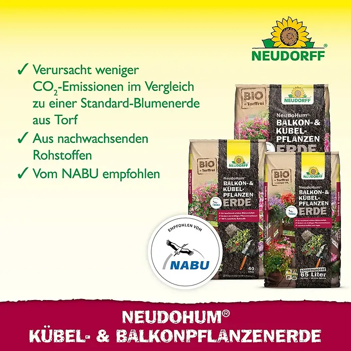 Neudorff NeudoHum Pflanzerde Balkon- & KübelpflanzenErde - 40 l - Abbildung von NeudoHum Kübel- & Balkonpflanzenerde, empfohlen vom NABU, torffrei und aus nachwachsenden Rohstoffen.