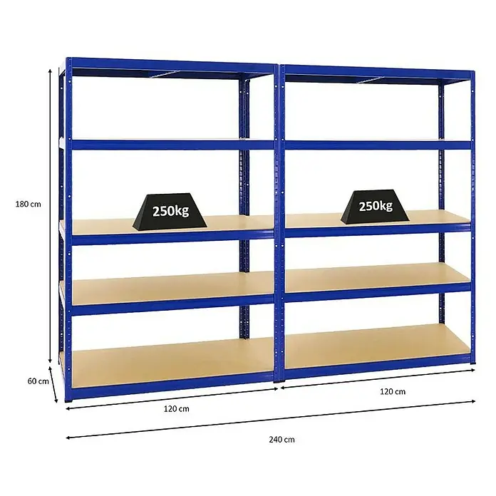 Proregal Schwerlastregal Mega Deal Big Elephant M - Traglast pro Boden: 250 kg, Anzahl Böden: 5 Stk., Stecken, Blau - Regal mit vier Regalböden aus blauem Metall und hellem Holz, mit Gewichtsangaben.