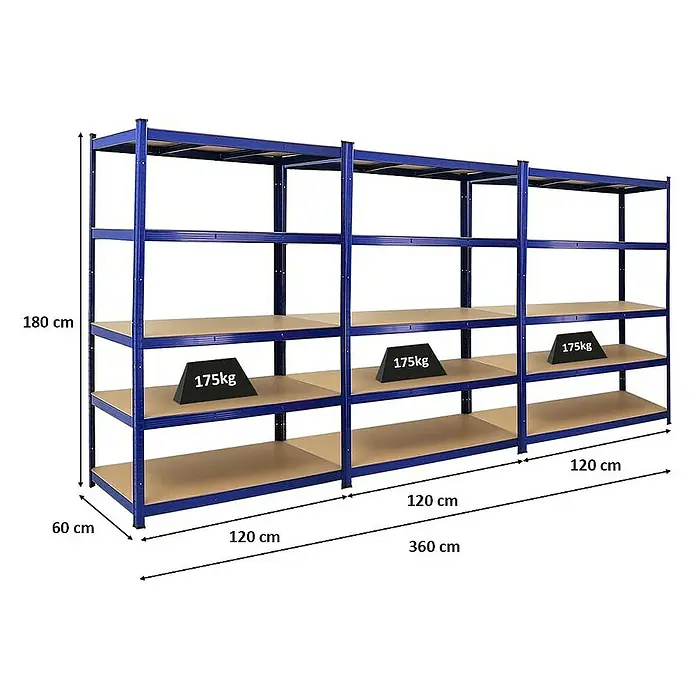 Proregal Schwerlastregal Mega Deal TAURUS - H x B x T: 180 x 120 x 60 cm, Traglast pro Boden: 175 kg, Anzahl Böden: 5 Stk., Stecken, Blau - Darstellung eines blauen Metallregals mit Holzregalböden, das mit Gewichten von 175 kg belastet ist und die Abmessungen zeigt.