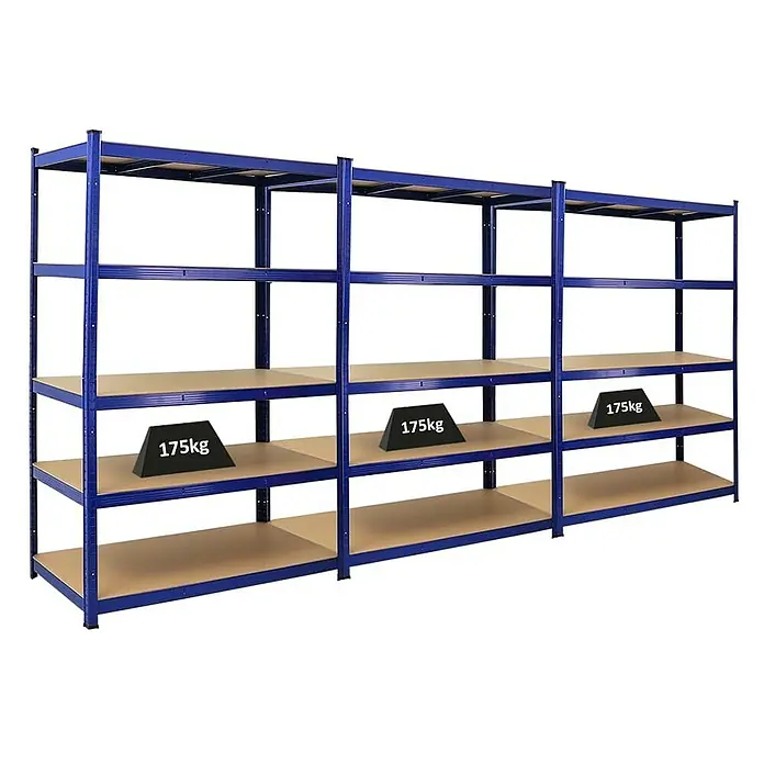 Proregal Schwerlastregal Mega Deal TAURUS - H x B x T: 180 x 120 x 60 cm, Traglast pro Boden: 175 kg, Anzahl Böden: 5 Stk., Stecken, Blau - Dreifaches blaues Metallregal mit vier Ebenen und je einer schwarzen Gewichtsattrappe von 175 kg auf der mittleren Ebene.