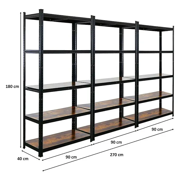 Proregal Metallregal Mega Deal All Black Series Ragnar - Traglast pro Boden: 100 kg, Anzahl Böden: 5 Stk., Stecken, Schwarz - Regal mit vier Regalböden aus Holz und einem schwarzen Metallrahmen. Das Regal hat eine Höhe von 180 cm und eine Breite von 270 cm.