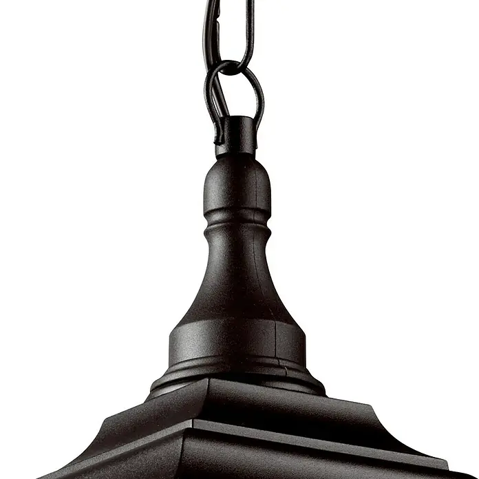Elstead Pendelleuchte Kerry - 60 W, Farbe Gehäuse: Schwarz, 20,4 x 20,5 x 62,5 cm, Ohne Leuchtmittel - Detailaufnahme einer schwarzen Laterne, die an einer Kette hängt. Die Laterne ist aus Metall gefertigt und hat eine klassische Form.