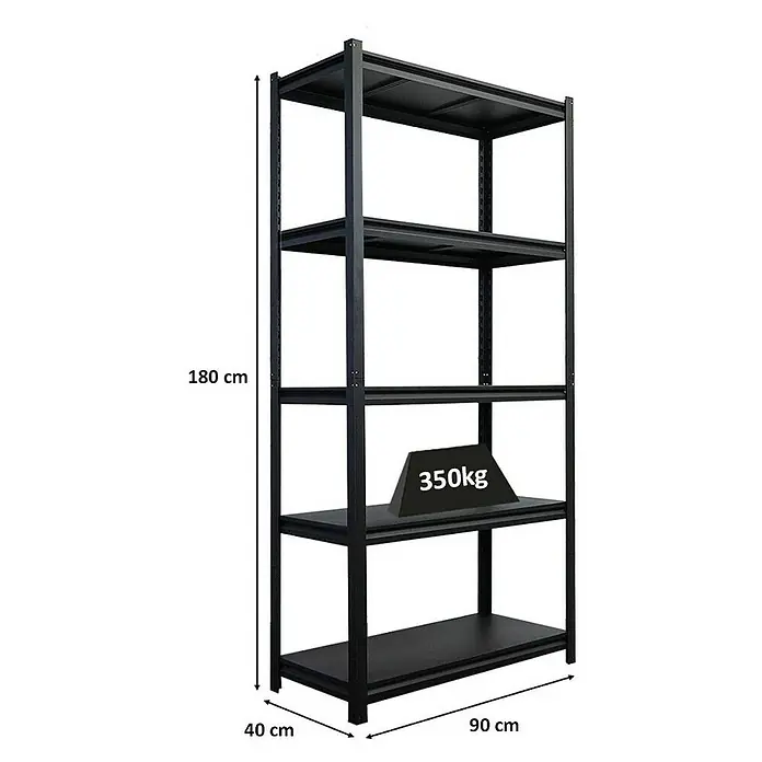 Proregal Schwerlastregal Thorin - Traglast pro Boden: 350 kg, Anzahl Böden: 5 Stk., Stecken, Schwarz - Abbildung eines schwarzen Metallregals mit fünf Ebenen und den Maßen 180 cm Höhe, 90 cm Breite und 40 cm Tiefe.