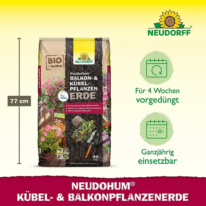 Neudorff NeudoHum Pflanzerde Balkon- & KübelpflanzenErde - 40 l - Neudohum Kübel- & Balkonpflanzenerde: Torffreie Bio-Erde für üppige Blütenpracht auf Balkonen und Terrassen, 77cm hoch, 40 Liter.