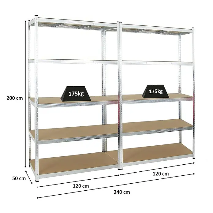 Proregal Schwerlastregal Mega Deal Kellerregal GORILLA - Traglast pro Boden: 175 kg, Anzahl Böden: 5 Stk., Stecken, Silber - Abbildung eines Metallregals mit fünf Ablagen und den Maßen 200 cm Höhe, 120 cm Breite und 50 cm Tiefe, mit einer Traglast von 175 kg.