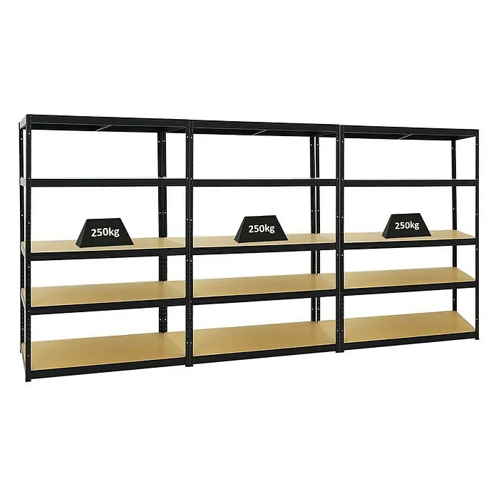 Proregal Schwerlastregal Mega Deal Big Elephant M - Traglast pro Boden: 250 kg, Anzahl Böden: 5 Stk., Stecken, Schwarz - Metallregal mit vier Ebenen, mit je einer 250kg Gewichtsanzeige in der Mitte der oberen Ebene, ideal für Lagerung und Organisation.