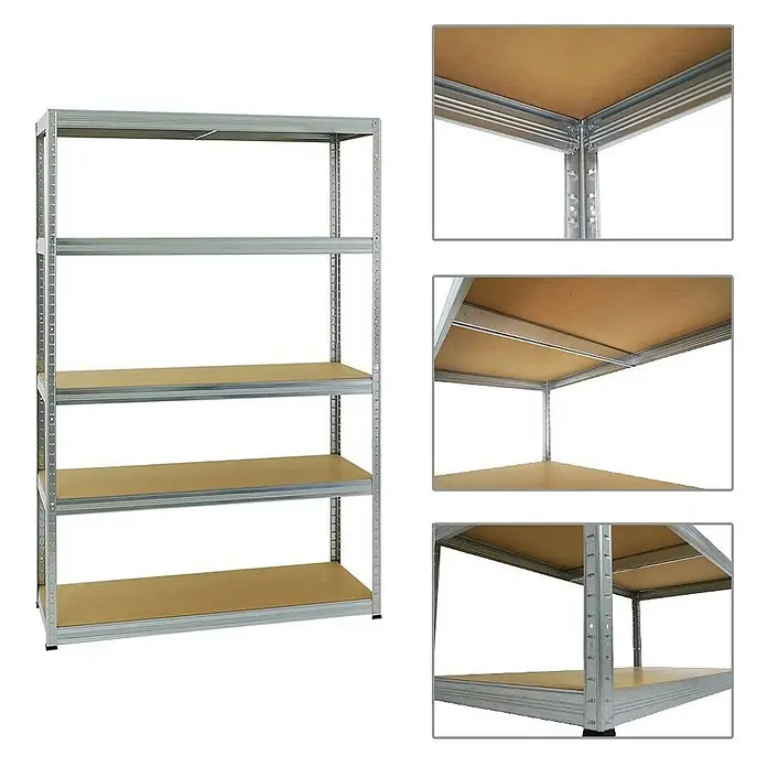 Proregal Schwerlastregal Mega Deal Big Elephant S - Traglast pro Boden: 250 kg, Anzahl Böden: 5 Stk., Stecken, Verzinkt - Metallregal mit fünf Regalböden, ideal für Lagerung und Organisation. Details zeigen robuste Bauweise und einfache Montage.