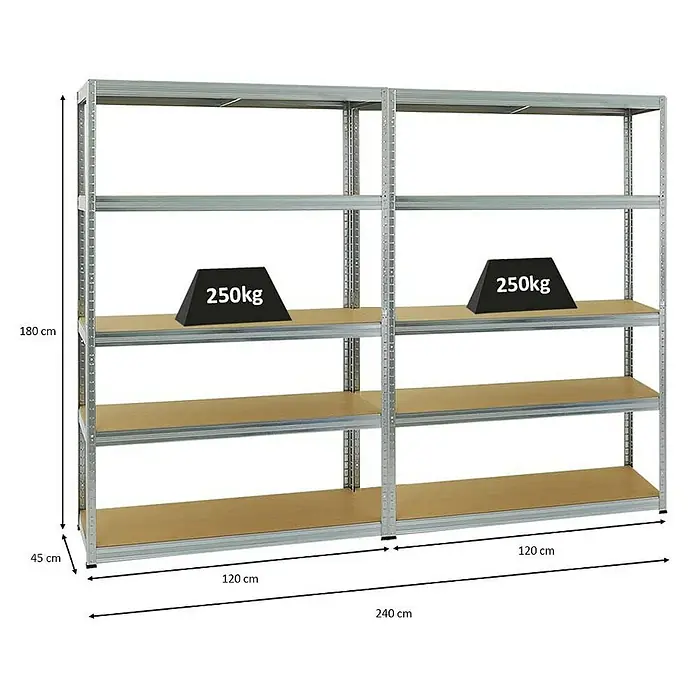 Proregal Schwerlastregal Mega Deal Big Elephant S - Traglast pro Boden: 250 kg, Anzahl Böden: 5 Stk., Stecken, Verzinkt - Regal mit vier Ablagen und Gewichtsangabe, ideal für Lagerung und Organisation.
