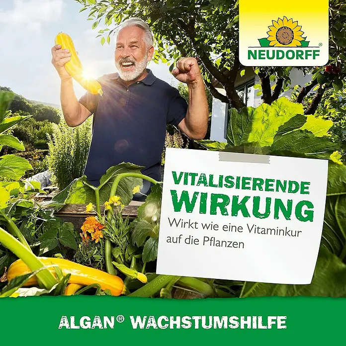 Neudorff Pflanzenstärkungsmittel Algan Wachstumshilfe - 250 ml - Ein älterer Mann freut sich über seine Ernte mit Neudorffs Algan® Wachstumshilfe.