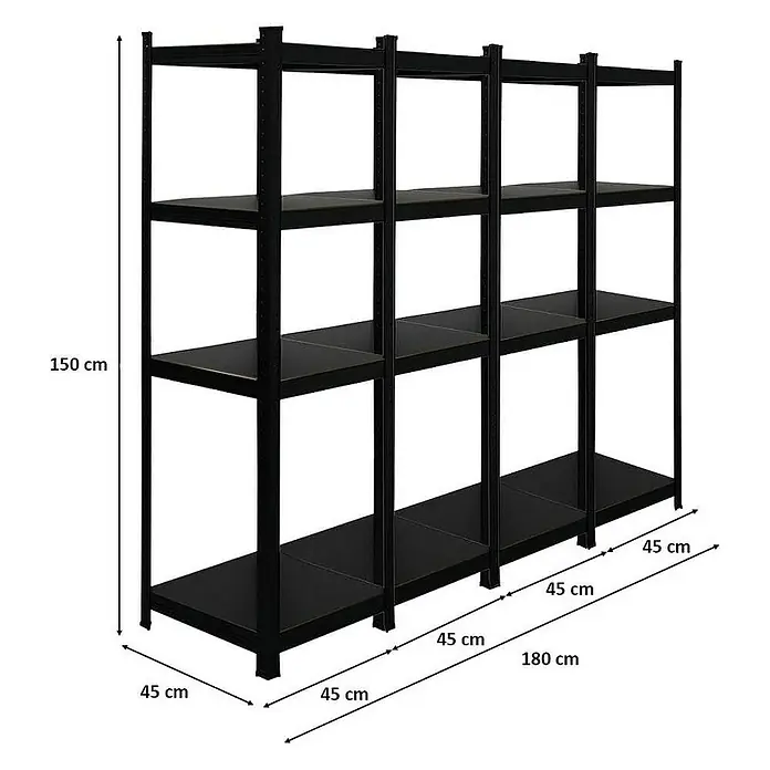 Proregal Metallregal Mega Deal All Black Series Ragnar - Traglast pro Boden: 100 kg, Anzahl Böden: 5 Stk., Stecken, Schwarz - Abbildung eines schwarzen Schwerlastregals mit vier Ebenen und den Maßen 150 x 180 x 45 cm.