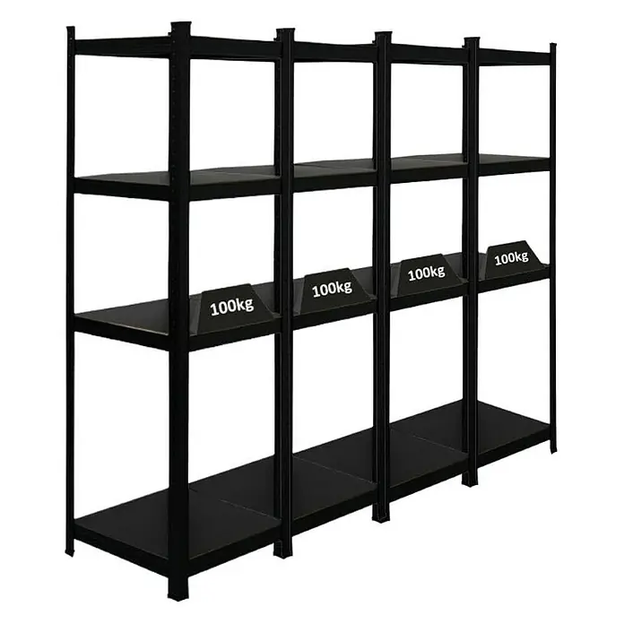 Proregal Metallregal Mega Deal All Black Series Ragnar - Traglast pro Boden: 100 kg, Anzahl Böden: 5 Stk., Stecken, Schwarz - Schwarzes Metallregal mit vier Ebenen, geeignet für Lagerung, jede Ebene trägt bis zu 100kg. Robust und vielseitig.