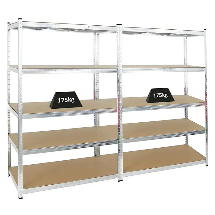 Proregal Schwerlastregal Mega Deal Kellerregal GORILLA - Traglast pro Boden: 175 kg, Anzahl Böden: 5 Stk., Stecken, Silber - Das Bild zeigt ein stabiles Metallregal mit mehreren Ablageflächen, das mit einer Gewichtsbeschriftung von 175 kg versehen ist.