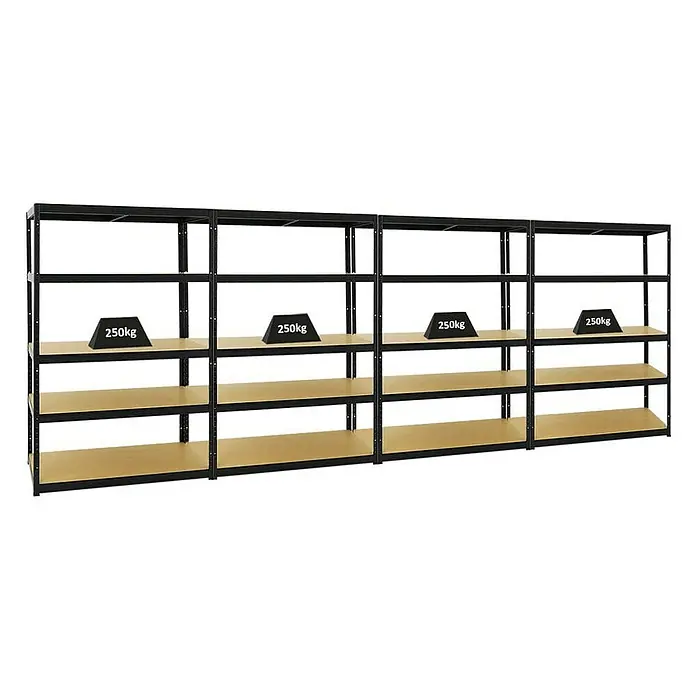 Proregal Schwerlastregal Mega Deal Big Elephant M - H x B x T: 180 x 120 x 60 cm, Traglast pro Boden: 250 kg, Anzahl Böden: 5 Stk., Stecken, Schwarz - Bild von vier Metallregalen mit Holzregalböden, die jeweils mit Gewichten von 250 kg belastet sind und Stabilität und Robustheit demonstrieren.