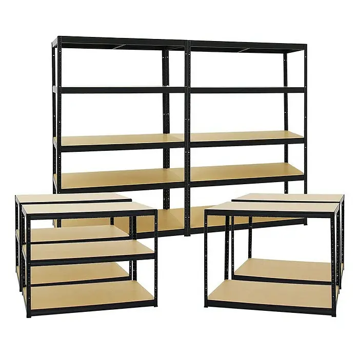 Proregal Schwerlastregal Mega Deal Big Elephant M - H x B x T: 180 x 120 x 60 cm, Traglast pro Boden: 250 kg, Anzahl Böden: 5 Stk., Stecken, Schwarz - Abbildung von zwei großen schwarzen Regalen und zwei kleineren Regalen. Die Regale haben Regalböden aus hellem Holz.