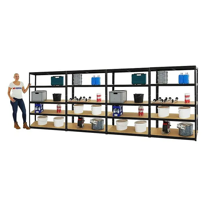 Proregal Schwerlastregal Mega Deal Big Elephant M - H x B x T: 180 x 120 x 60 cm, Traglast pro Boden: 250 kg, Anzahl Böden: 5 Stk., Stecken, Schwarz - Abbildung von vier schwarzen Proregal-Regalen mit Holzablagen, die mit verschiedenen Gegenständen gefüllt sind.
