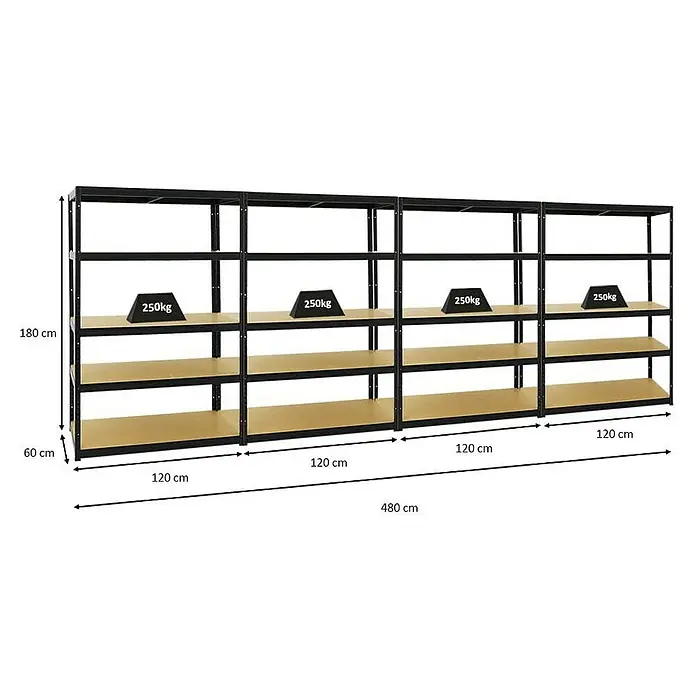 Proregal Schwerlastregal Mega Deal Big Elephant M - H x B x T: 180 x 120 x 60 cm, Traglast pro Boden: 250 kg, Anzahl Böden: 5 Stk., Stecken, Schwarz - Ein Bild von einem Schwerlastregal mit vier Regalebenen, das mit 250kg belastet werden kann, mit den Maßangaben 180x60x120cm pro Element.