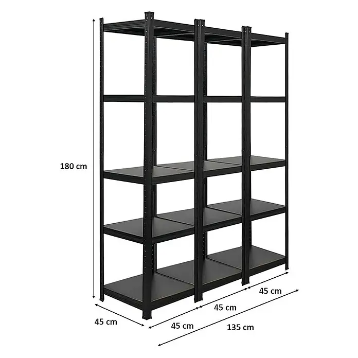 Proregal Metallregal Mega Deal All Black Series Ragnar - Traglast pro Boden: 100 kg, Anzahl Böden: 5 Stk., Stecken, Schwarz - Schwarzes Metallregal mit vier Ebenen und den Maßen 180 cm Höhe, 45 cm Tiefe und 135 cm Breite.