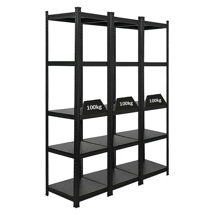Proregal Metallregal Mega Deal All Black Series Ragnar - Traglast pro Boden: 100 kg, Anzahl Böden: 5 Stk., Stecken, Schwarz - Schwarzes Schwerlastregal mit drei Regalebenen, ideal für Lagerung und Organisation. Die maximale Tragfähigkeit beträgt 100 kg pro Ebene.