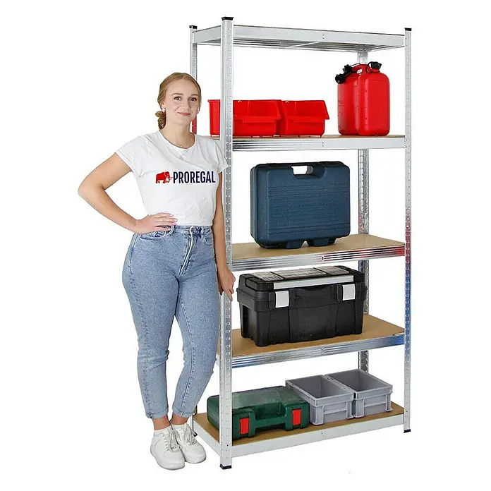 Proregal Schwerlastregal Mega Deal Kellerregal GORILLA - Traglast pro Boden: 175 kg, Anzahl Böden: 5 Stk., Stecken, Silber - Regal mit Werkzeugkisten und Behältern auf Holzregalen, ideal für Werkstatt oder Garage zur Lagerung von Werkzeugen.