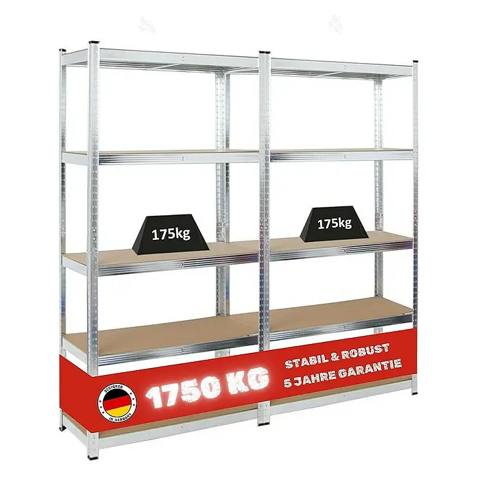 Proregal Schwerlastregal Mega Deal Kellerregal GORILLA - Traglast pro Boden: 175 kg, Anzahl Böden: 5 Stk., Stecken, Silber - Abbildung eines robusten Metallregals mit fünf Regalböden, das mit 1750 kg belastbar ist. Das Regal ist stabil und robust, mit 5 Jahren Garantie.