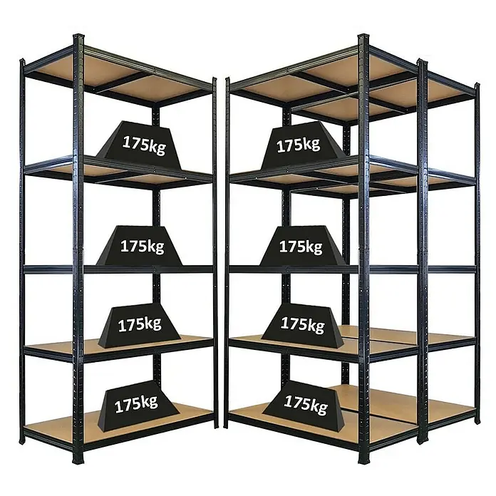 Proregal Schwerlastregal Mega Deal Giant Ragnar - Traglast pro Boden: 175 kg, Anzahl Böden: 5 Stk., Stecken, Schwarz - Zwei schwarze Metallregale mit fünf Regalböden, jeweils mit einem schwarzen Gewicht von 175 kg belastet, für schwere Lasten.