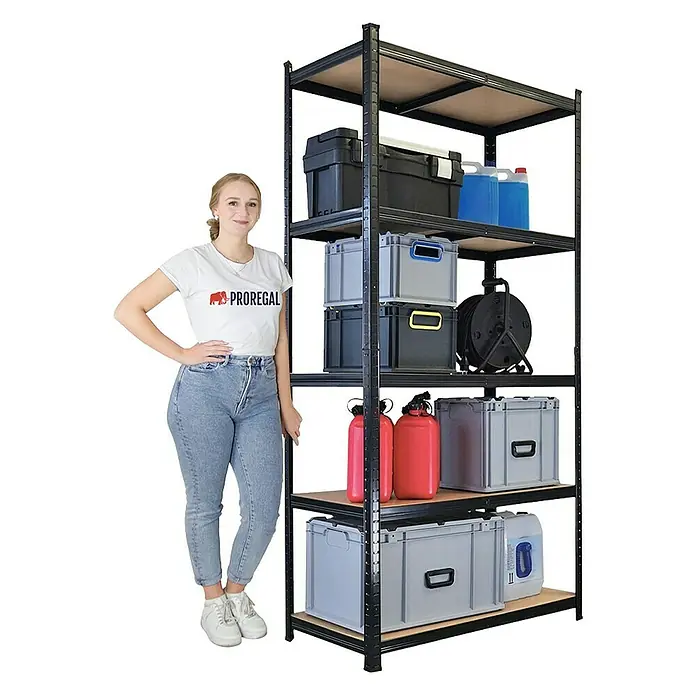 Proregal Schwerlastregal Giant Ragnar - Traglast pro Boden: 175 kg, Anzahl Böden: 5 Stk., Stecken, Schwarz - Ein Regal voller Aufbewahrungsboxen und -behälter in verschiedenen Größen und Farben, perfekt für die Organisation von Lagerflächen.