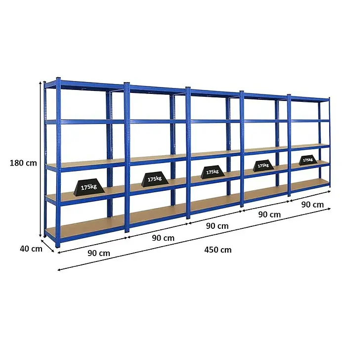 Proregal Schwerlastregal Mega Deal Ragnar - H x B x T: 180 x 90 x 40 cm, Traglast pro Boden: 175 kg, Anzahl Böden: 5 Stk., Stecken, Blau - Ein blaues Schwerlastregal mit mehreren Regalböden, die jeweils mit Gewichten von 175 kg belastet sind, dargestellt mit Abmessungen.