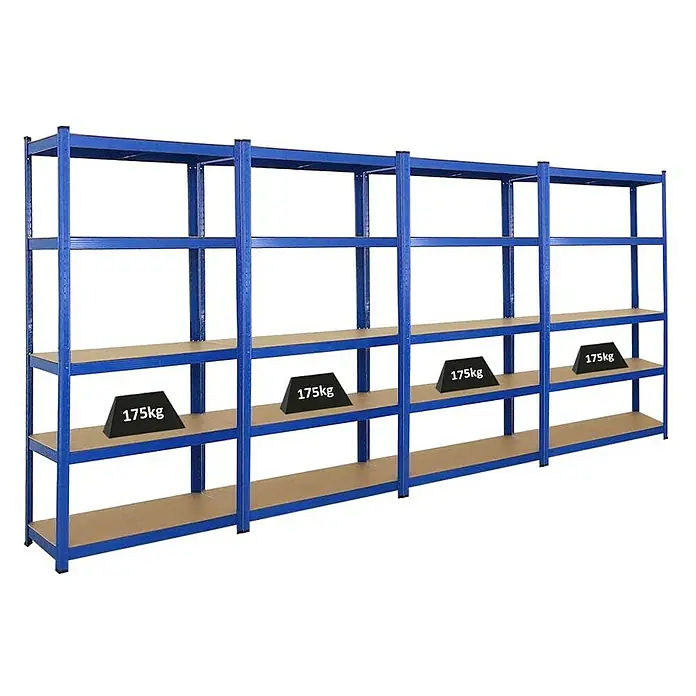 Proregal Schwerlastregal Mega Deal Ragnar - H x B x T: 180 x 90 x 40 cm, Traglast pro Boden: 175 kg, Anzahl Böden: 5 Stk., Stecken, Blau - Ein blaues Schwerlastregal mit vier Regalböden, von denen einige mit 175 kg schweren Gewichten belastet sind. Das Regal bietet viel Stauraum.