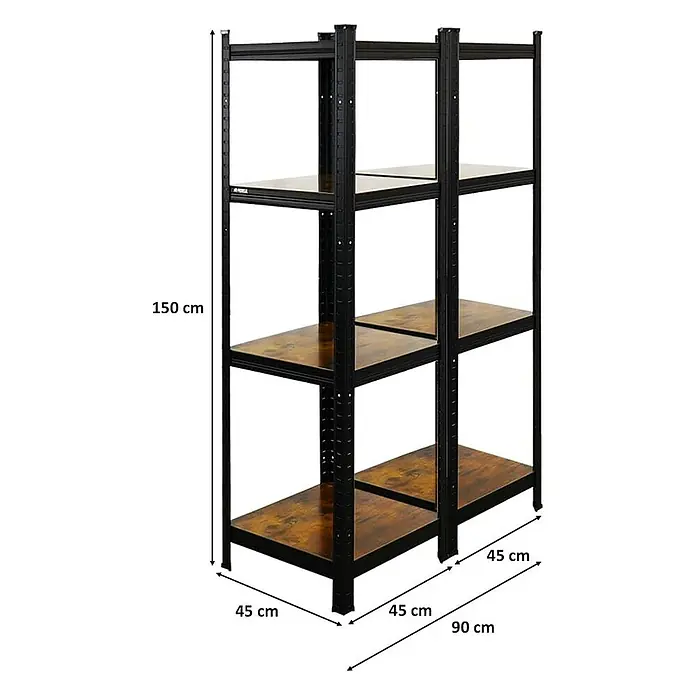 Proregal Metallregal Mega Deal All Black Series Ragnar - Traglast pro Boden: 100 kg, Anzahl Böden: 4 Stk., Stecken, Schwarz - Schwarzes, dreistufiges Metallregal mit Holzregalböden, ideal für Lagerung. Höhe 150 cm, Breite 90 cm, Tiefe 45 cm.