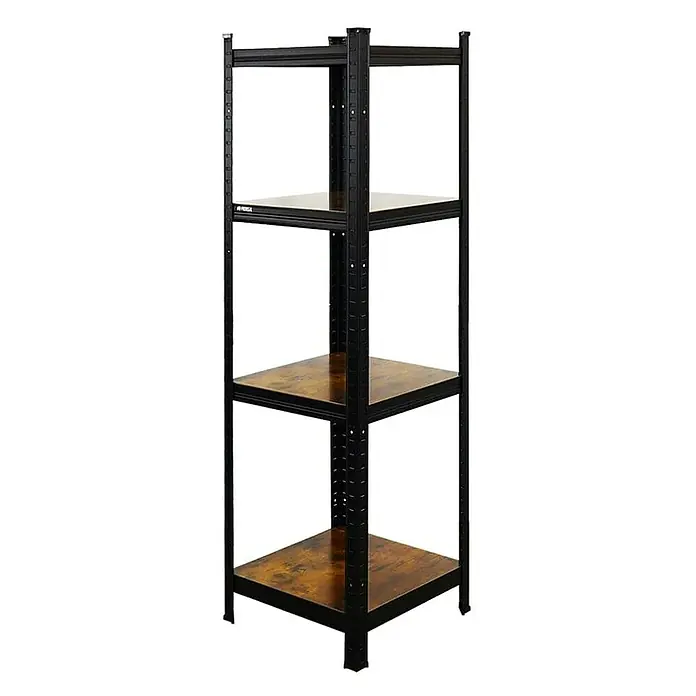 Proregal Metallregal Mega Deal All Black Series Ragnar - Traglast pro Boden: 100 kg, Anzahl Böden: 4 Stk., Stecken, Schwarz - Schwarzes Regal mit vier Regalböden in Holzoptik. Das vielseitige Möbelstück bietet viel Stauraum und ein ansprechendes Design.