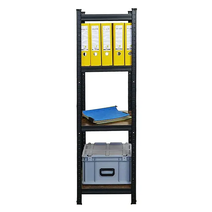 Proregal Metallregal Mega Deal All Black Series Ragnar - Traglast pro Boden: 100 kg, Anzahl Böden: 4 Stk., Stecken, Schwarz - Aufnahme des Regalsystems mit mehreren gelben Ordnern, farbigen Hängeheftern und einer grauen Aufbewahrungsbox.