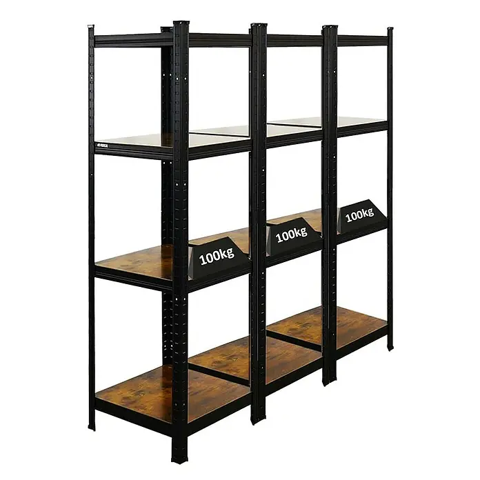 Proregal Metallregal Mega Deal All Black Series Ragnar - Traglast pro Boden: 100 kg, Anzahl Böden: 4 Stk., Stecken, Schwarz - Schwerlastregal mit drei Ebenen und einer Traglast von 100kg pro Ebene für Lager und Werkstatt.