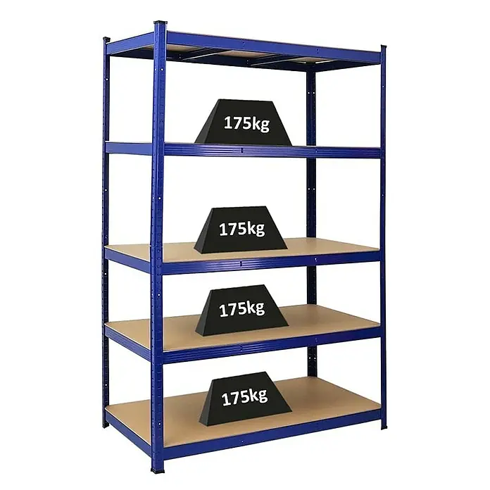 Proregal Schwerlastregal TAURUS - H x B x T: 180 x 120 x 60 cm, Traglast pro Boden: 175 kg, Anzahl Böden: 5 Stk., Stecken, Blau - Belastbares blaues Regal mit vier Regalböden und schweren Gewichten auf jedem Boden, ideal für Lagerung und Organisation.