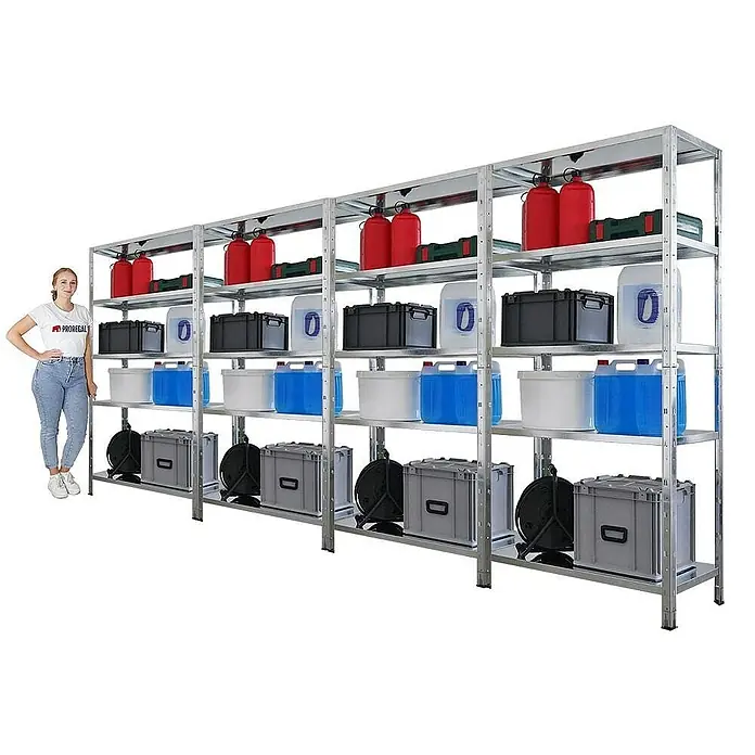 Mega Deal | 4x Schwerlastregal Ares | HxBxT 180x90x40cm | Fachlast 125 kg | Verzinkt -  - Regalsystem mit vier Ebenen, beladen mit Behältern und Kanistern, ideal für Lagerung und Organisation. Die Regale sind stabil und bieten viel Stauraum.