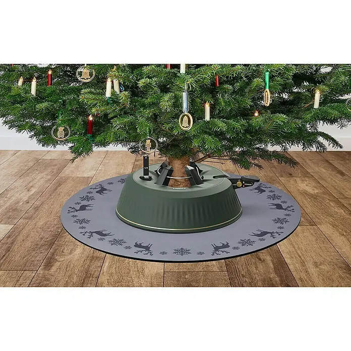 Krinner Dekoartikel - L x B x H: 60 x 60 x 0,7 cm, Grau - Eine Weihnachtsbaumständer- und Unterlage-Kombination bietet eine festliche Basis für Ihren Weihnachtsbaum mit einem dekorativen Hirsch- und Schneeflockenmuster.