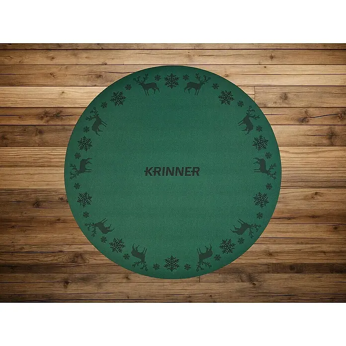 Krinner Dekoartikel - L x B x H: 60 x 60 x 0,7 cm, Grün - Das Bild zeigt eine grüne Tischdecke mit einem Rentier- und Schneeflockenmuster, die sich perfekt für die festliche Jahreszeit eignet.