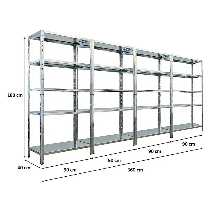 Mega Deal | 4x Schwerlastregal Ares | HxBxT 180x90x40cm | Fachlast 125 kg | Verzinkt -  - Abbildung eines Metallregals mit mehreren Ebenen und den Maßangaben 180 cm Höhe, 40 cm Tiefe und 360 cm Breite.