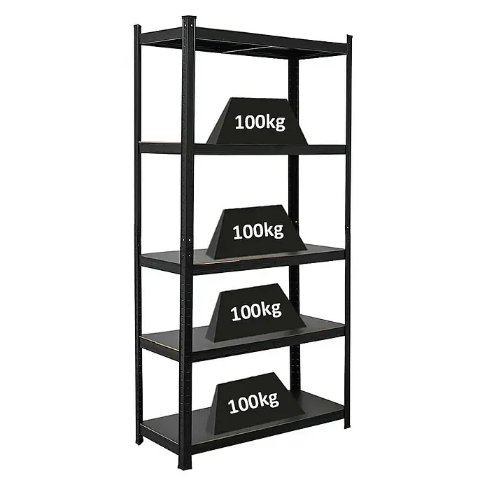 Proregal Metallregal All Black Series Ragnar - Traglast pro Boden: 100 kg, Anzahl Böden: 5 Stk., Stecken, Schwarz - Bild eines schwarzen Schwerlastregals mit vier Ebenen, wobei jede Ebene mit einem 100-kg-Gewicht belastet ist. Robustes und vielseitiges Regalsystem.
