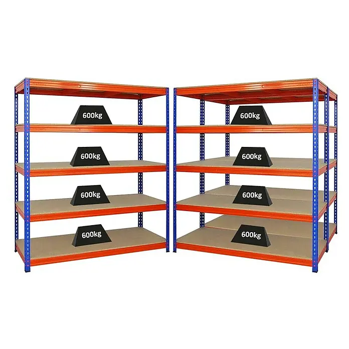 Proregal Schwerlastregal Mega Deal BISON - H x B x T: 200 x 180 x 60 cm, Traglast pro Boden: 600 kg, Anzahl Böden: 5 Stk., Stecken, Blau-Orange - Zwei blaue und orangefarbene Regale mit vier Ebenen, die jeweils mit Gewichten von 600 kg belastet sind, stehen im Raum.