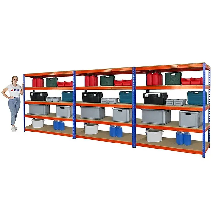 Proregal Schwerlastregal Mega Deal BISON - H x B x T: 200 x 180 x 60 cm, Traglast pro Boden: 600 kg, Anzahl Böden: 5 Stk., Stecken, Blau-Orange - Dreiteiliges Schwerlastregal mit robusten Regalböden für Werkstatt oder Lager, ideal für die Organisation verschiedener Gegenstände.
