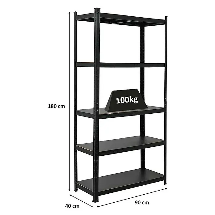 Proregal Metallregal All Black Series Ragnar - Traglast pro Boden: 100 kg, Anzahl Böden: 5 Stk., Stecken, Schwarz - Schwarzes Schwerlastregal mit fünf Ebenen und den Maßen 180x90x40 cm mit einer Kapazität von 100kg auf einer Ebene.
