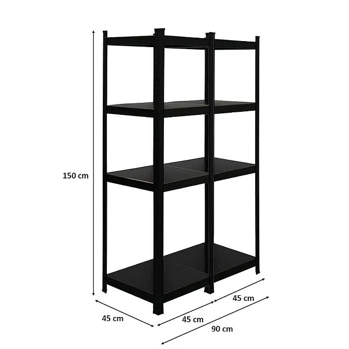 Proregal Metallregal Mega Deal All Black Series Ragnar - Traglast pro Boden: 100 kg, Anzahl Böden: 5 Stk., Stecken, Schwarz - Schwarzes Metallregal mit vier Ebenen und den Maßen 150 cm Höhe, 90 cm Breite und 45 cm Tiefe.