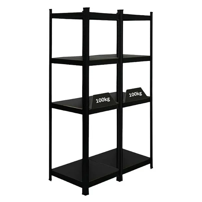 Proregal Metallregal Mega Deal All Black Series Ragnar - Traglast pro Boden: 100 kg, Anzahl Böden: 5 Stk., Stecken, Schwarz - Schwarzes Regal mit vier Ebenen und einer Belastbarkeit von 100 kg pro Ebene.