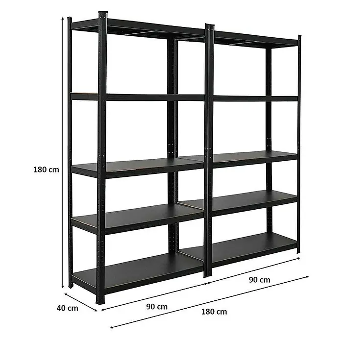 Proregal Metallregal Mega Deal All Black Series Ragnar - Traglast pro Boden: 100 kg, Anzahl Böden: 5 Stk., Stecken, Schwarz - Abbildung eines schwarzen Metallregals mit fünf Ebenen und den Maßen 180 cm Höhe, 180 cm Breite und 40 cm Tiefe.