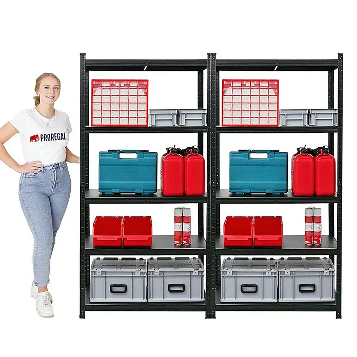 Proregal Metallregal Mega Deal All Black Series Ragnar - Traglast pro Boden: 100 kg, Anzahl Böden: 5 Stk., Stecken, Schwarz - Schwarzes Metallregal mit diversen Aufbewahrungsboxen und Behältern. Praktische Lagerlösung für Werkstatt oder Garage.
