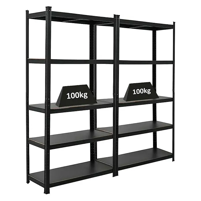 Proregal Metallregal Mega Deal All Black Series Ragnar - Traglast pro Boden: 100 kg, Anzahl Böden: 5 Stk., Stecken, Schwarz - Abbildung eines schwarzen Schwerlastregals mit vier Ebenen und einer Belastbarkeit von 100 kg pro Ebene.